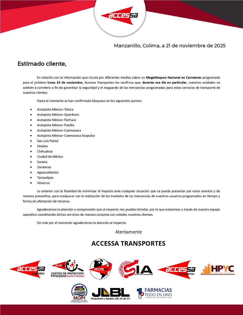AccessaLogistic's tweet image. ✔️Comunicado para nuestros clientes
Tomen sus precauciones. ‼️