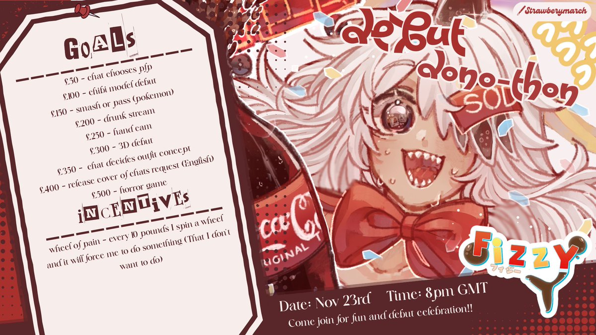 SURPRISE!! my debut is a donothon! you can get me to do some silly things! these are the goals. 

every £10 donation will be able to spin a wheel and get me to do some silly things, this donothon is to fund a secret project that I hope you will enjoy