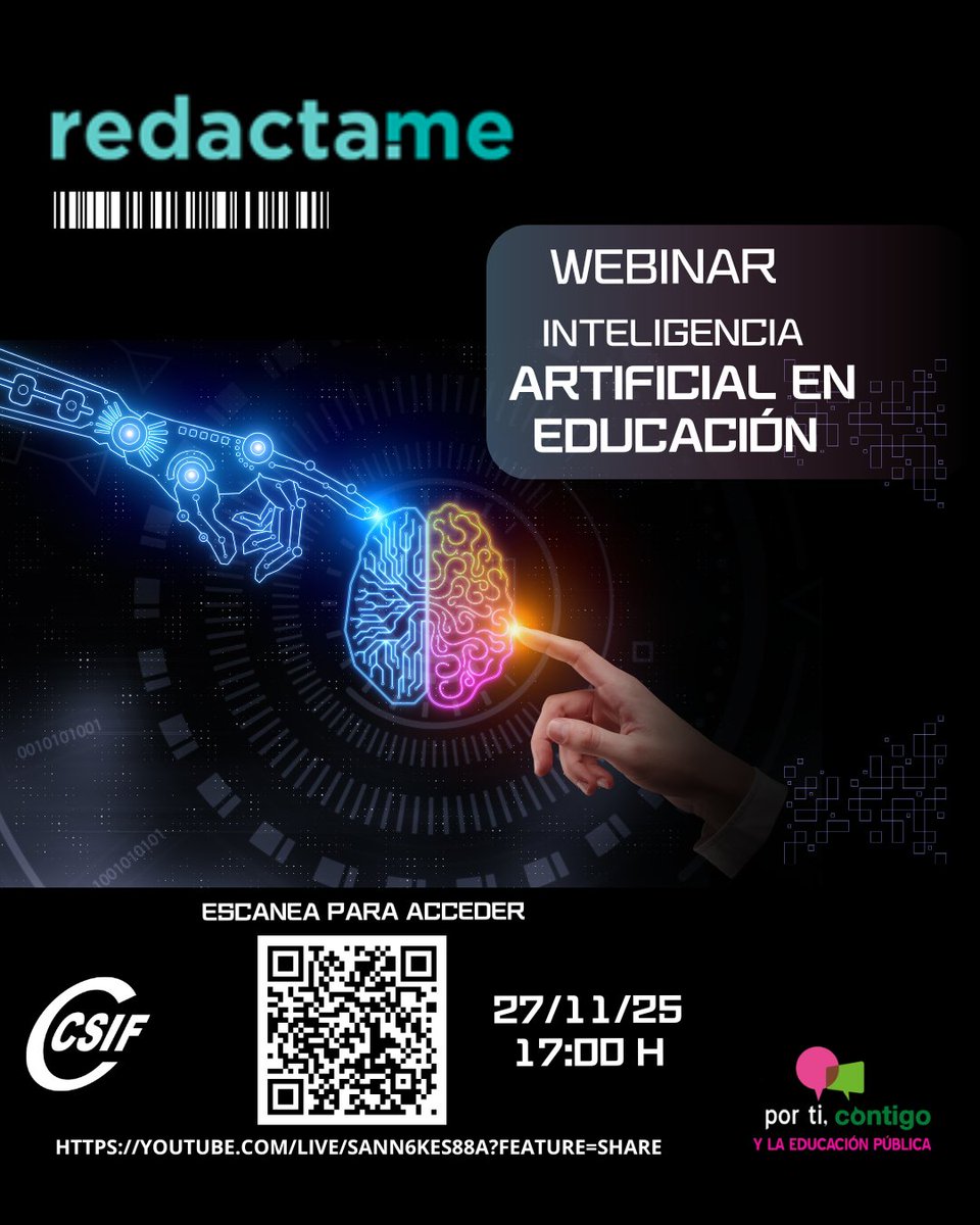 CSIFenseA's tweet image. 🎓 Webinar gratuito:
&quot;Descubre el Asistente Docente de #IA que te ahorra 5 horas semanales, personaliza tus clases y protege la privacidad&quot; 🤖

📅 27 de noviembre – 17h (16h Canarias)
▶️ En directo por YouTube

¡Transforma tu forma de enseñar! 🚀📚
👉🏻 Accede el día de la emisión…