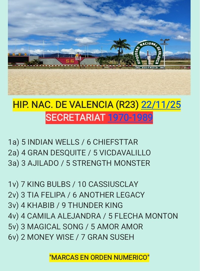Buenas tardes amigos hipicos.
Les comparto mi sugerencia para la jornada del Sab 221125 (R23)
🇻🇪 Hip Nac de Valencia 🇻🇪
"A ligar con Armonia y Positivismo"
💵EXITO Y FORTUNA P/TODOS💵
Mi Canal 👇
t.me/SECRETARIAT197…
Gracias por el apoyo 💚🔂RT
#Hinava #HINAVA
#5y6
#Hipismo