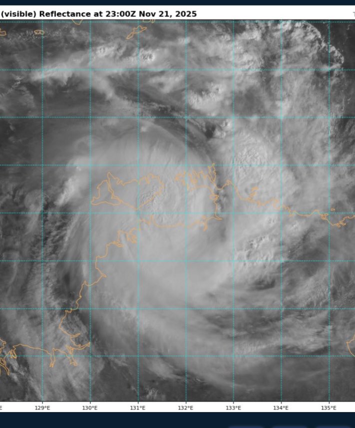 spshaw0bserver's tweet image. Tropical Cyclone #FINA
As of 18:00 UTC Nov 21, 2025:
Location: 11.7°S - 131.8°E
Maximum Winds: 70 kt  Gusts: N/A
Minimum Central Pressure: 979 mb
Environmental Pressure: N/A
Radius of Circulation: N/A
Radius of Maximum wind: 50 nm
via: Tropicaltidbits . com