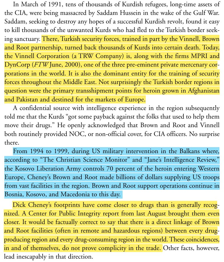 Cheney's Halliburton built a logistics network that fed the global drug trade. Through Brown &amp; Root, it moved Afghan heroin &amp; South American cocaine under the cover of war zones &amp; oil fields. The scheme enriched the company, financing Bush's &amp; Republican campaign with drug money.