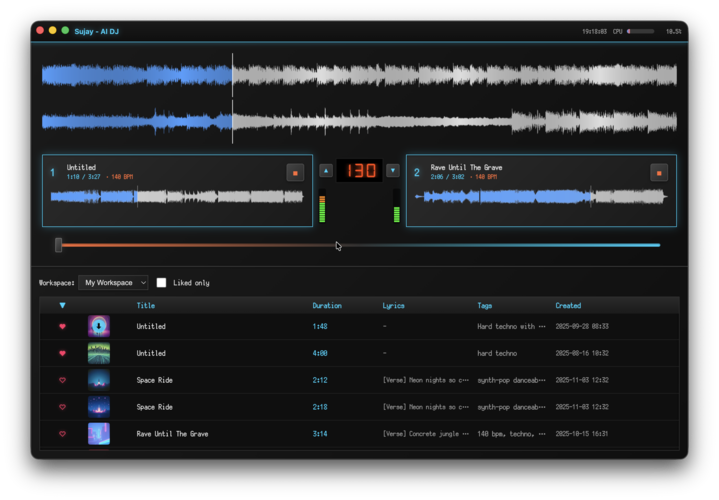 tnayuki's tweet image. My new software...

DJ with #Suno library, 2 decks, float-precision processing, time-stretching with SoundTouch, and all code by #GitHubCopilot!