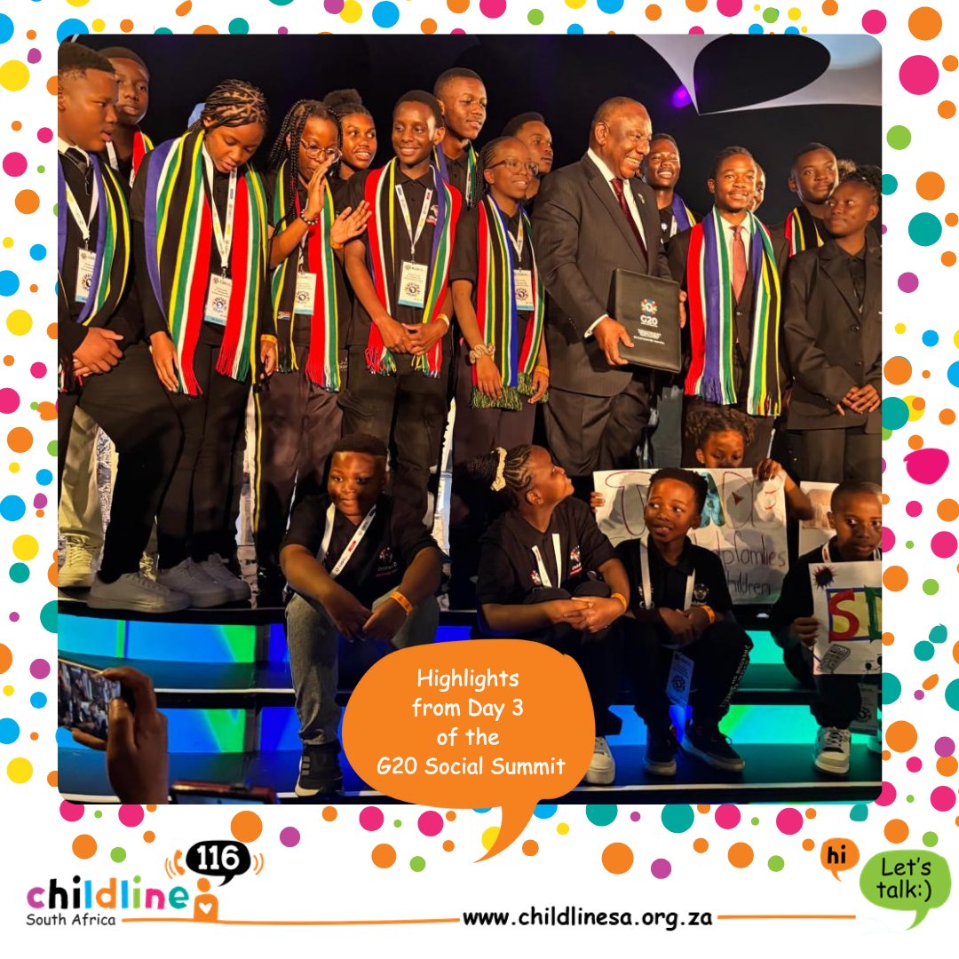 ChildlineSA's tweet image. As the week draws to a close, our children have given us something to think about. At the #G20SocialSummit, President Ramaphosa heard their declarations on mental health, poverty, online safety &amp;amp; GBV. Long after the Summit ends, may their voices continue to protect children.