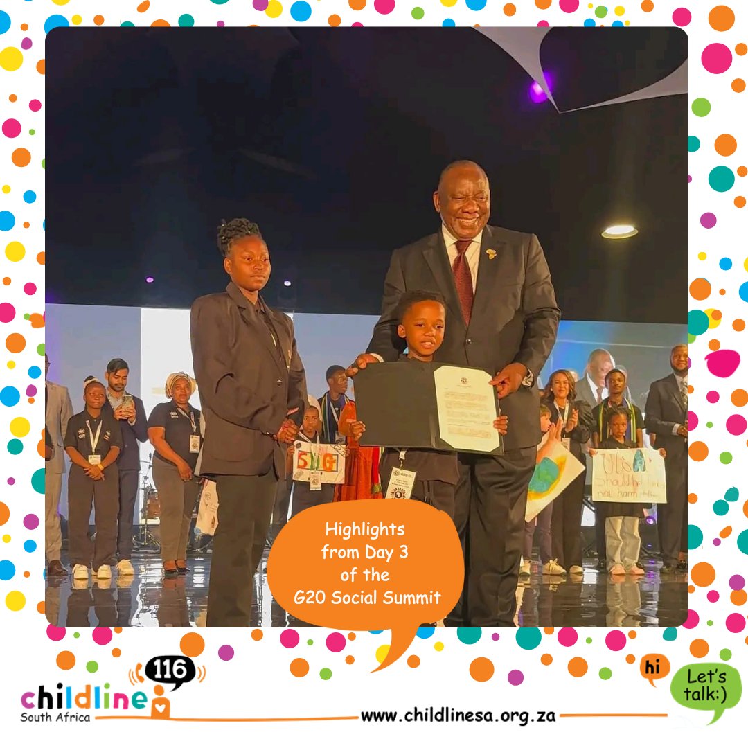 ChildlineSA's tweet image. As the week draws to a close, our children have given us something to think about. At the #G20SocialSummit, President Ramaphosa heard their declarations on mental health, poverty, online safety &amp;amp; GBV. Long after the Summit ends, may their voices continue to protect children.
