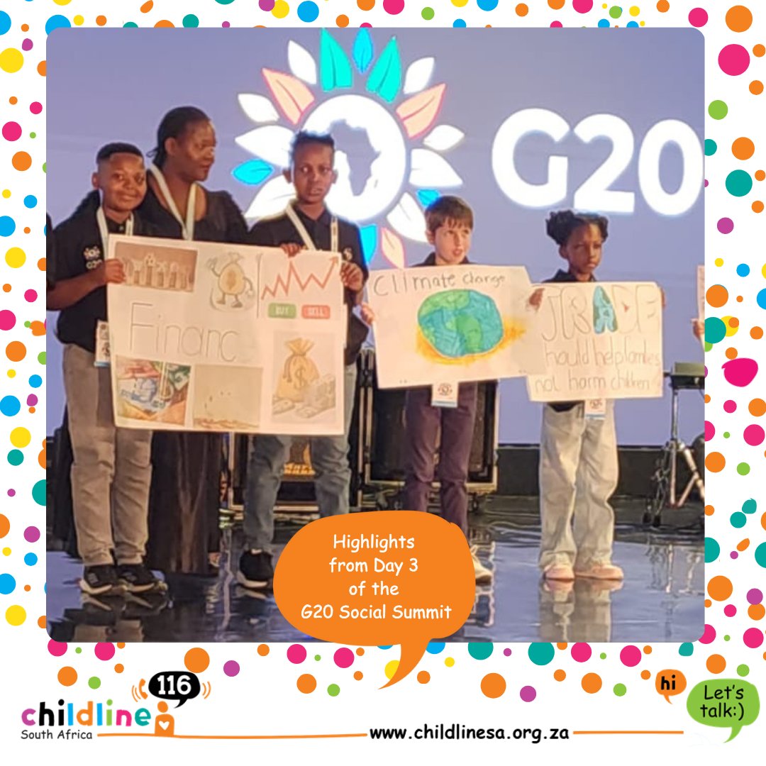 ChildlineSA's tweet image. As the week draws to a close, our children have given us something to think about. At the #G20SocialSummit, President Ramaphosa heard their declarations on mental health, poverty, online safety &amp;amp; GBV. Long after the Summit ends, may their voices continue to protect children.