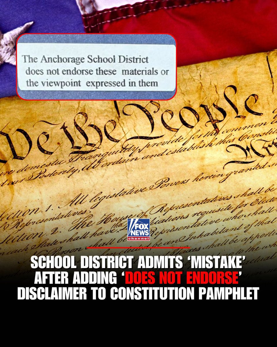 CreasonJana's tweet image. How in the heck does a school district make a mistake like this?!😡

The Anchorage School District in Alaska admits it made a “mistake” by adding a disclaimer saying it “does not endorse these materials or the viewpoints expressed” on a flyer containing only the U.S. Constitution…