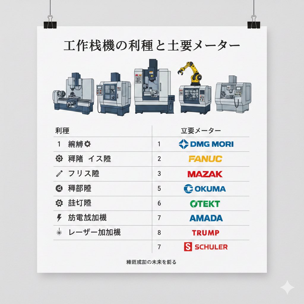tsunezo_works's tweet image. 流行りに乗っかって🍌
3 Proの方が日本語書けてるけどまだ怪しい

「工作機械の種類とそれを製造する主要メーカーについてまとめたポスター画像を生成して」
←2.5 Flash  3 Pro→