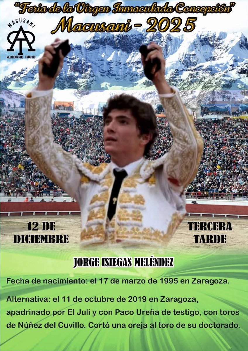 Macusani (Puno) PER Feria Inmaculada 10 diciembre <a href="/ARCILAJOSE/">José Arcila</a>, Arturo <a href="/mata_asaldivar/">Arturo Saldivar Romo</a> y <a href="/jorge20martinez/">Jorge Martinez</a>, 11 diciembre Martin Ferrer, <a href="/sergiorguez_sr/">Sergio Rodríguez</a> Rodríguez, Cristiano <a href="/ctorrestorero/">CRISTIANO TORRES OFICIAL</a> y Julio Alguiar, y el 12 <a href="/MorenoMunoz/">Moreno Muñoz</a>, <a href="/jisiegas/">Jorge Isiegas</a>, <a href="/kunturalfaro/">kuntur alfaro</a> y alternativa Wilmar Villamil