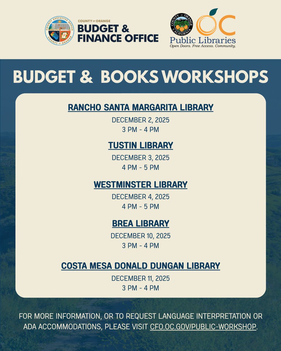 OCGovCA's tweet image. 💰📚 Budget &amp;amp; Books is coming to a library near you!

Free and open to the public

📍 Various Orange County Public Libraries
ℹ️ Learn more: cfo.ocgov.com/public-workshop
-
#OrangeCountyCA #OCGov #CountyofOrange #PublicWorkshops #BudgetandFinance