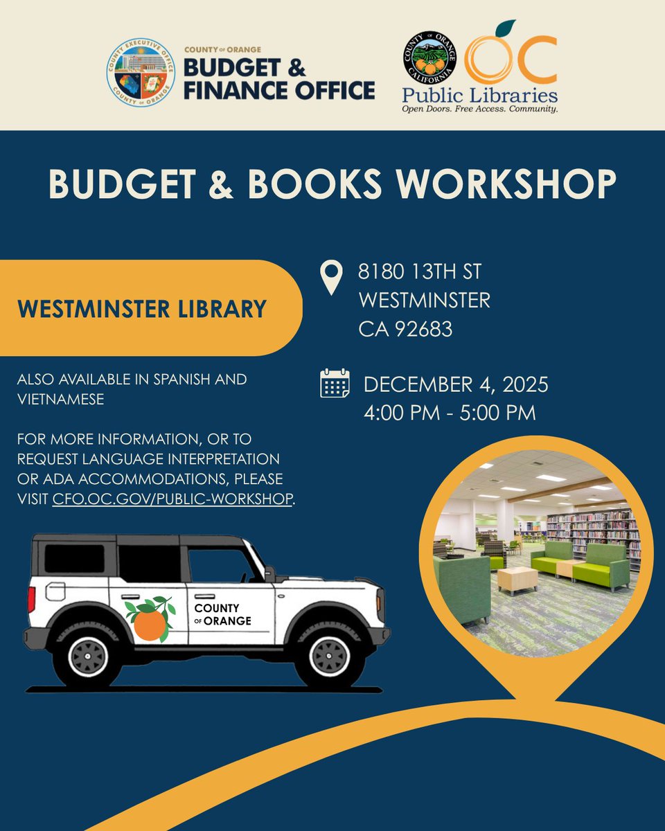 OCGovCA's tweet image. 💰📚 Budget &amp;amp; Books is coming to a library near you!

Free and open to the public

📍 Various Orange County Public Libraries
ℹ️ Learn more: cfo.ocgov.com/public-workshop
-
#OrangeCountyCA #OCGov #CountyofOrange #PublicWorkshops #BudgetandFinance