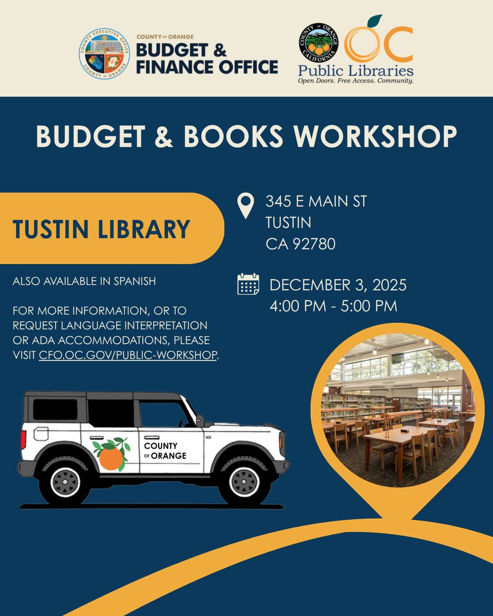 OCGovCA's tweet image. 💰📚 Budget &amp;amp; Books is coming to a library near you!

Free and open to the public

📍 Various Orange County Public Libraries
ℹ️ Learn more: cfo.ocgov.com/public-workshop
-
#OrangeCountyCA #OCGov #CountyofOrange #PublicWorkshops #BudgetandFinance