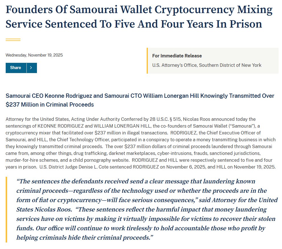 ErikBTech's tweet image. Privacy tool builder: 4 years in prison.

Regulatory risk isn&apos;t theoretical.