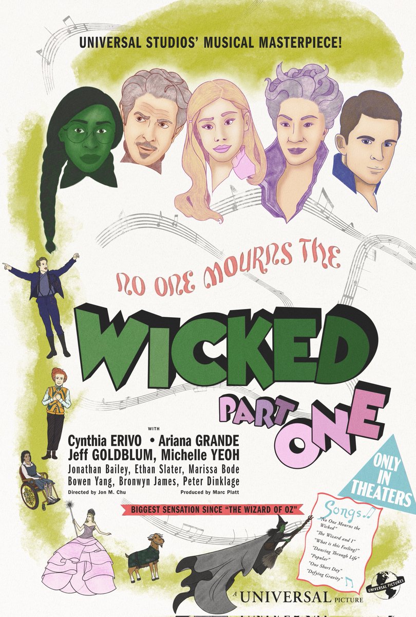 InsCreativeTtl's tweet photo. Happy #Wicked release day! I've seen the film twice already and it was so good! I decided to make a poster inspired by an original #wizardofoz poster. Art by me and type by the bf @iamjusticegage 💚🩷 #art #artbyme #poster https://t.co/4XRE8wKUiZ
