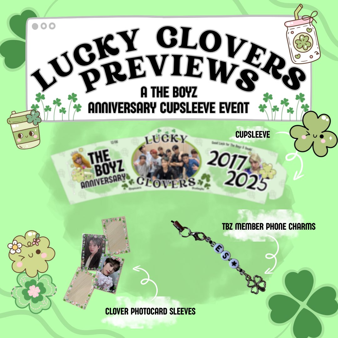 juyosanric's tweet image. 🍀 lucky clovers - a the boyz anniversary cupsleeve event in nyc 🍀 

cupsleeve + goodies previews are here!! stop by on dec 14th to get yours &amp;amp; to celebrate tbz with us 🤗

we’d be lucky to have you!! more info below ✨ cant wait to see you there deobi! #THEBOYZ #더보이즈
