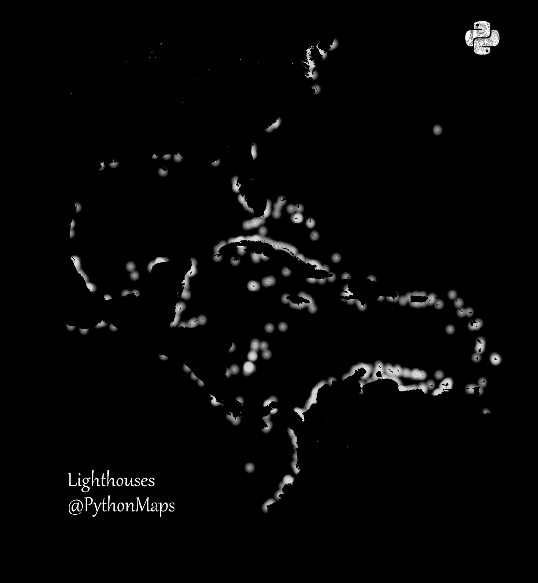 PythonMaps's tweet image. Day 21 of the #30DayMapChallenge - Icons - Use icons to highlight points of interest. Here are lighthouses of the Caribbean and Gulf of America. I used a few tricks to make the points look like they are shining out to sea.