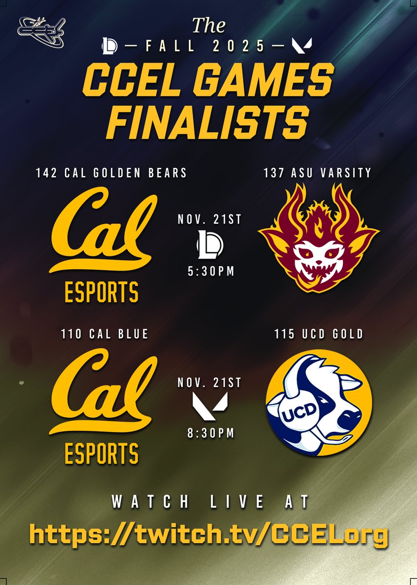CCELorg's tweet photo. Congrats to the Fall 2025 CCEL Game Finalists! Tune in to the CCEL Twitch channel:
 CAL Golden Bears vs ASU Varsity — 5:30 PM, on the rift!
 CAL Blue vs UCD Gold — 8:30 PM, agents locked, weapons ready!
 Catch the Grand Finals and cheer on the Finalists! https://t.co/V5F2IZeHhy