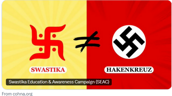 CoHNAOfficial's tweet photo. In the past 24 hours we saw the Coast Guard change its designation of the Swastika to be “potentially divisive ” instead of a “hate symbol” and then back again! This roller coaster has not only caused anguish for the millions of Hindus, Buddhists, and Jains living in the country, it has exposed yet again, the pervasive problem of failing to distinguish #Swastika from the #Hakenkreuz.

Designations carry meaning and power. Which is why it is the Hakenkreuz that needs to be classified as a “hate” or "potentially divisive,” NOT the Swastika.

Swastika is not Nazi. It means well-being and is antithetical to Nazi hate. Importantly, Hitler never used the word “Swastika” for his #Nazi symbol. 

Even in Mein Kampf, Hitler used the word “Hakenkreuz,” a German word meaning “hooked cross.” While the two symbols might look similar, they are very different. Grouping Swastika with nooses and other such symbols is in itself hateful. It does a disservice to the victims of hate and furthers the agenda of hateful ideologies like Nazism.

In the past couple years, a Republican Governor @GovernorVA  and a Democratic Governor @CAgovernor have both recognized the importance of this nuance and signed laws that make this distinction in Virginia and California. Education is crucial. The United States Coast Guard has a special obligation to stand for truth, and is in a unique position to disseminate correct information

This is why CoHNA works to correct the false narrative. It is of major concern that a respected institution like the @USCG would be part of spreading hate, even if it's unknowingly. We invite you to check out https://t.co/jfnbLk2zyk  for more.

Equating Swastika with Nazi hate has real consequences. Hindus have faced violence, Hindus’ property has been vandalized, Hindu children have been reprimanded at school, Hindu employees’ jobs have been threatened, Hindus have been barred from using resources, Hindu safety has been threatened — all because of the erroneous insistence that Swastika is Nazi.