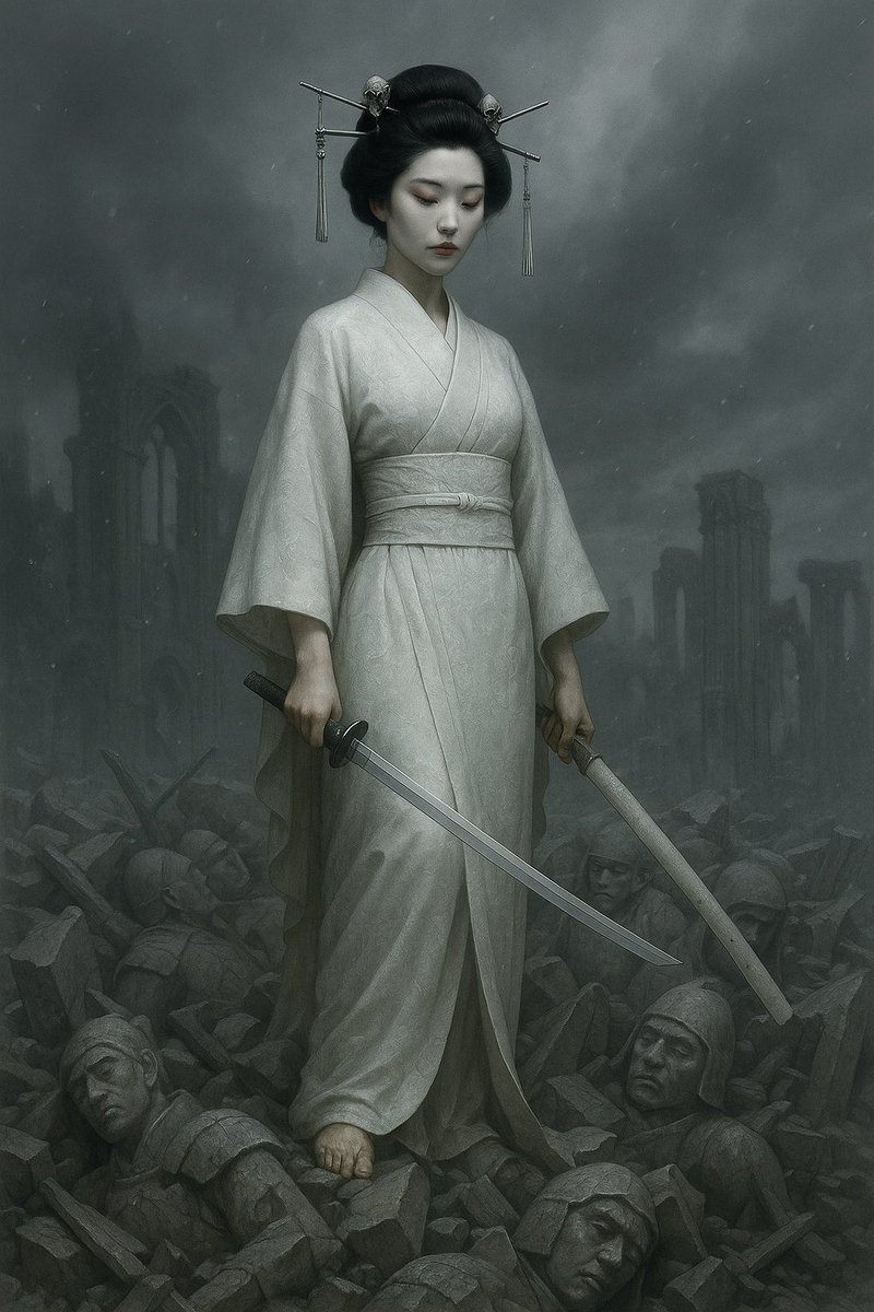 I swear it on the blade that has never known mercy  
and the ash that was once screaming kingdoms.

By the silver skulls knotted in my hair,  
trophies ripped from crowns too slow to bow,  
I move like snow that has learned to cut throats.

My skin is cold porcelain over a