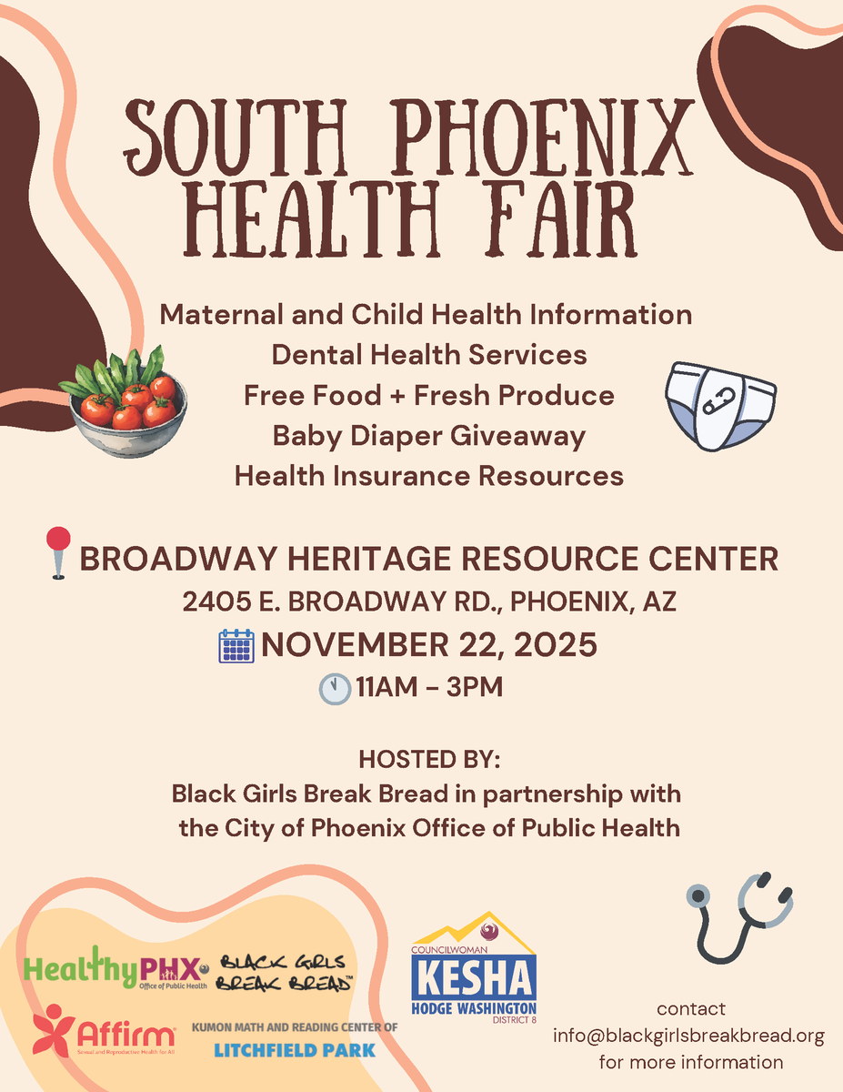 PHXNeighborhood's tweet photo. Free event for the community happening tomorrow! Co-hosted by the nonprofit Black Girls Break Bread and the City of Phoenix Office of Public Health, this event provides important information and resources for everyone in the family. https://t.co/hwPutOYeEB