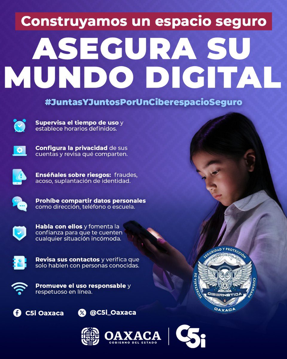 C5i_Oaxaca's tweet image. 🌐✨ Construyamos un espacio seguro para niñas y niños en Internet
Su mundo digital también necesita protección. 👧📱

👀 Supervisa su tiempo en línea
🔒 Activa la privacidad de sus cuentas
⚠️ Enséñales sobre riesgos: fraudes, acoso y suplantación
🙅‍♂️ Evita que compartan datos…