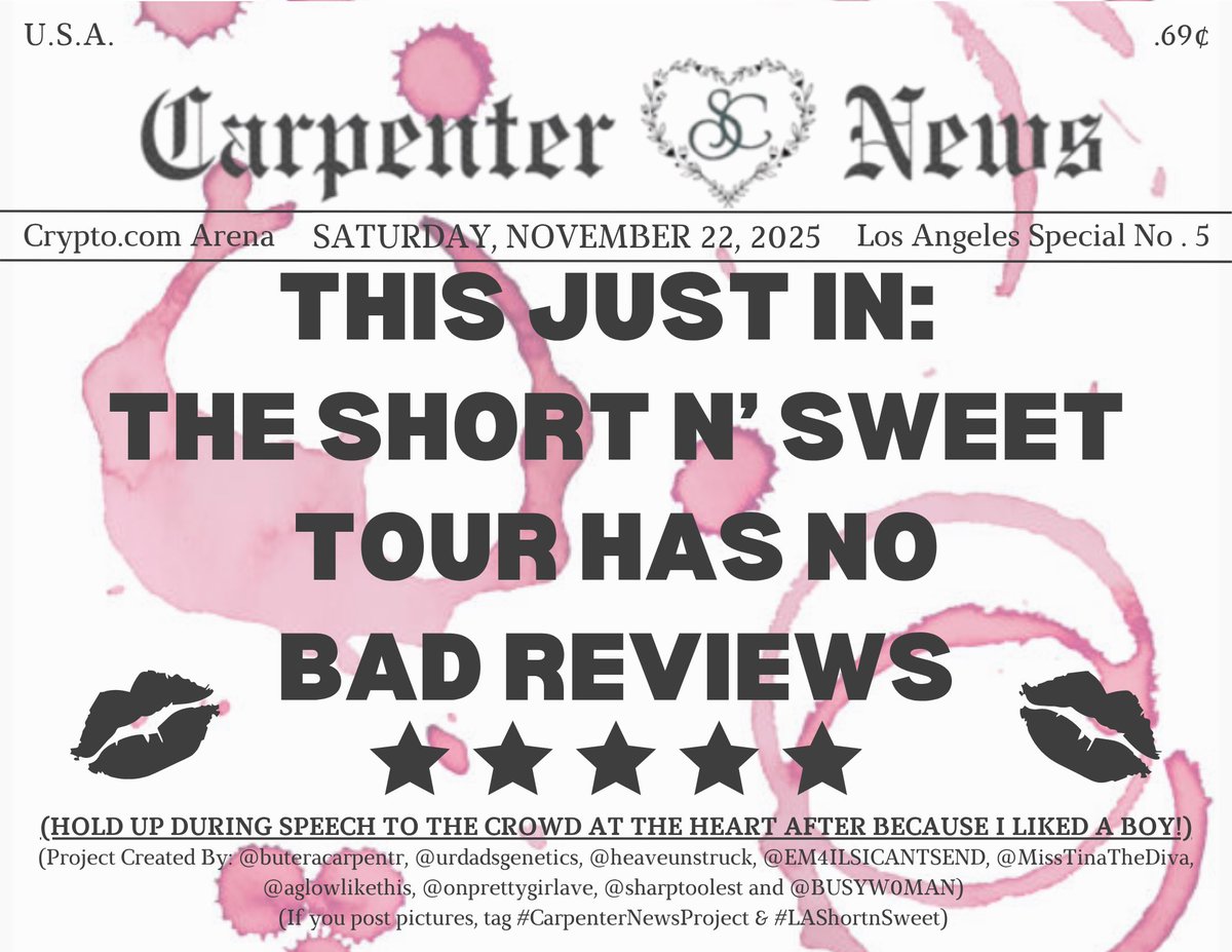 urdadsgenetics's tweet photo. can’t believe it but we have arrived at the final two installments of both #LAShortnSweet & the #CarpenterNewsProject 😭 we never talk about it bc i’ll cry soooo print yours here or find a project lead at the arena💋🥲 https://t.co/tPsiFplymO… https://t.co/PovNCaFwsb