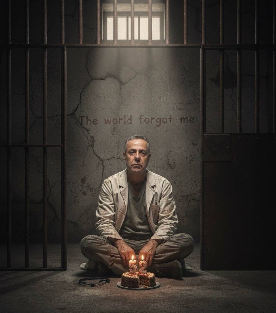 Timesofgaza's tweet image. My father, Dr. Hussam Abu Safiya, treated patients at Kamal Adwan Hospital last year. Today, on his birthday, he is held by the military occupation. It has been 329 days since he was taken. How much longer will we be without him?