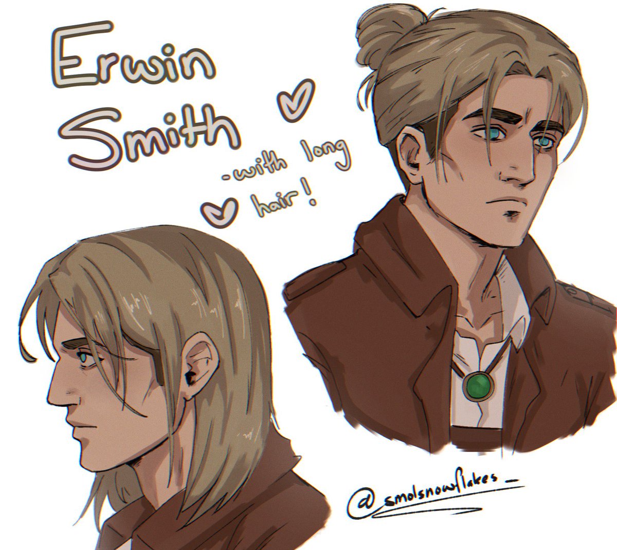 smolsnowflakes_'s tweet image. My friend told me about Erwin with long hair and a bun, and I had to see it for myself
.
.
.
#erwinsmith #AttackOnTitan