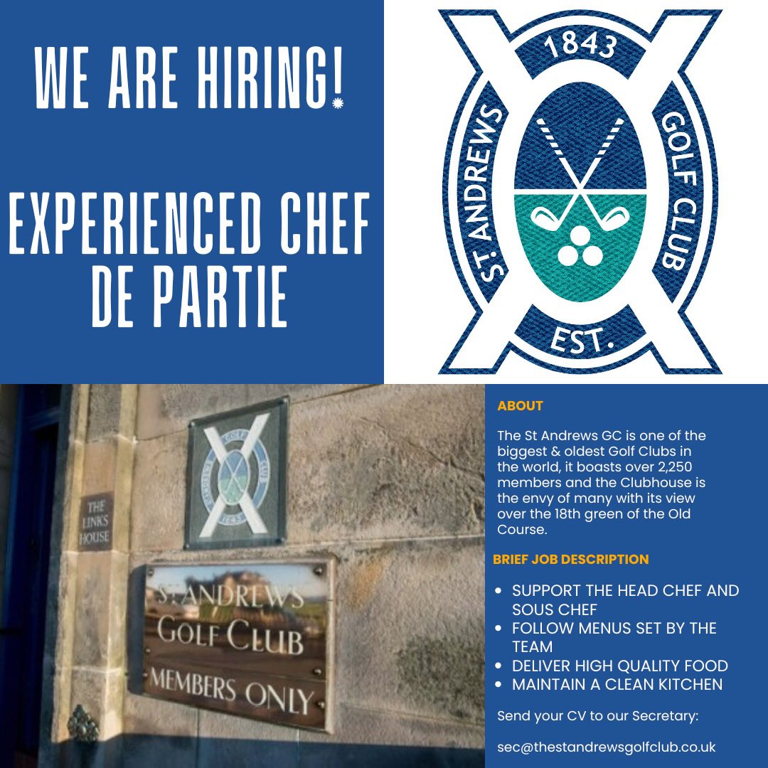 macpro78's tweet photo. PLEASE SHARE!! The St Andrews Golf Club is looking to hire an experienced Chef De Partie. If you are looking to work at a fabulous venue and are seeking a better work life balance then please apply, call Craig Mackie on 01334479799 or email sec@thestandrewsgolfclub.co.uk https://t.co/yvL0NMeL9s