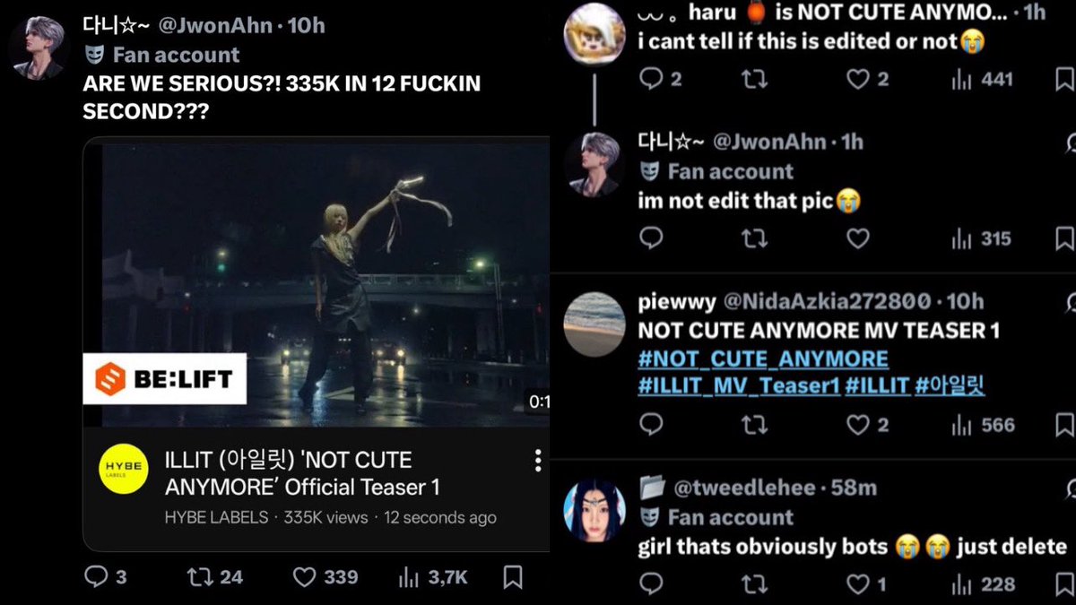 baeglamz's tweet image. why is illit using bots for an mv teaser??? 335K views in 12 seconds is not normal… 😭