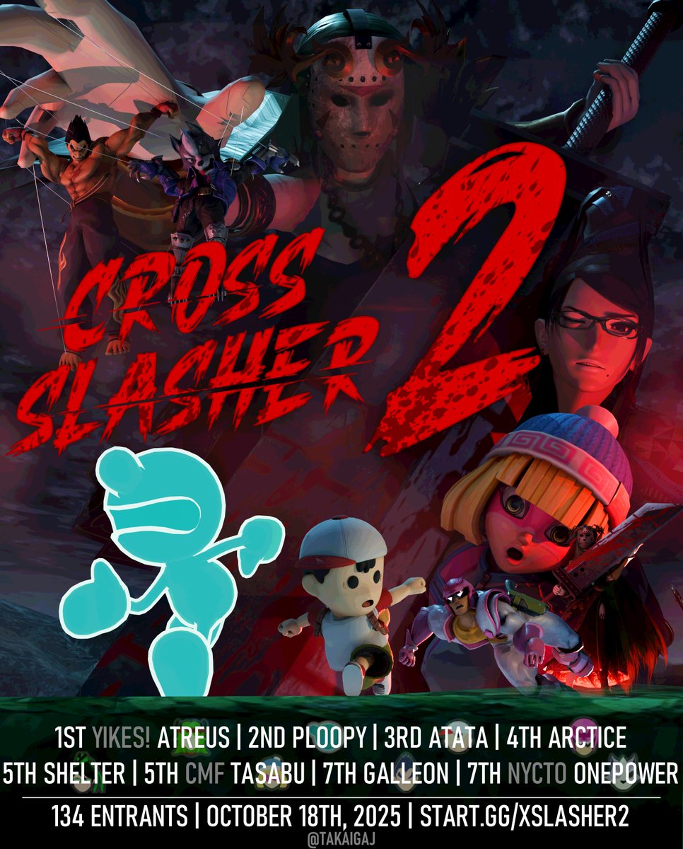 🩸CONGRATULATIONS TO OUR CROSS SLASHER 2 SINGLES TOP 8!
🥇 Atreus
🥈 <a href="/Ploopymudd/">Ploopy</a> 
🥉 <a href="/ATATAness/">ATATA</a> 
4th: Arctice
5th: <a href="/123Shelter/">Shelter</a> 
5th: <a href="/Tasabu31/">tas</a> 
7th: <a href="/JohnGalleon_/">Galleon</a> 
7th: <a href="/OnePowerSSB1/">OnePower</a>