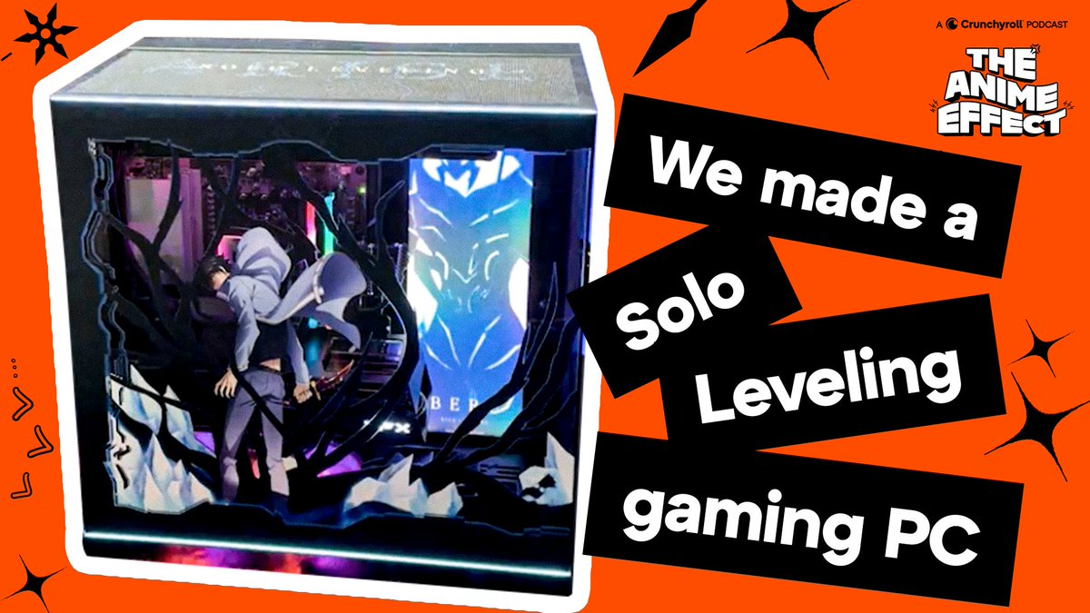 Crunchyroll's tweet photo. This week on THE ANIME EFFECT:

We built an AURAFARMING machine with help from @Ariel_SFS.

Ariel stopped by the podcast to talk about the Venn diagram between gaming and anime, plus the creative process behind the @sololeveling_en x @StarforgePCs collaboration!

WATCH: https://t.co/EfI2gGzOdG