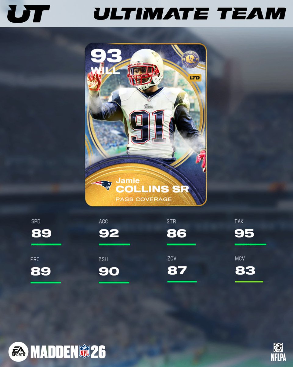 EASPORTS_MUT's tweet image. Legends of the Fall 🍁

Jamie Collins Sr., AJ Green and John Randle drop in Legends RL15 tomorrow! #Madden26