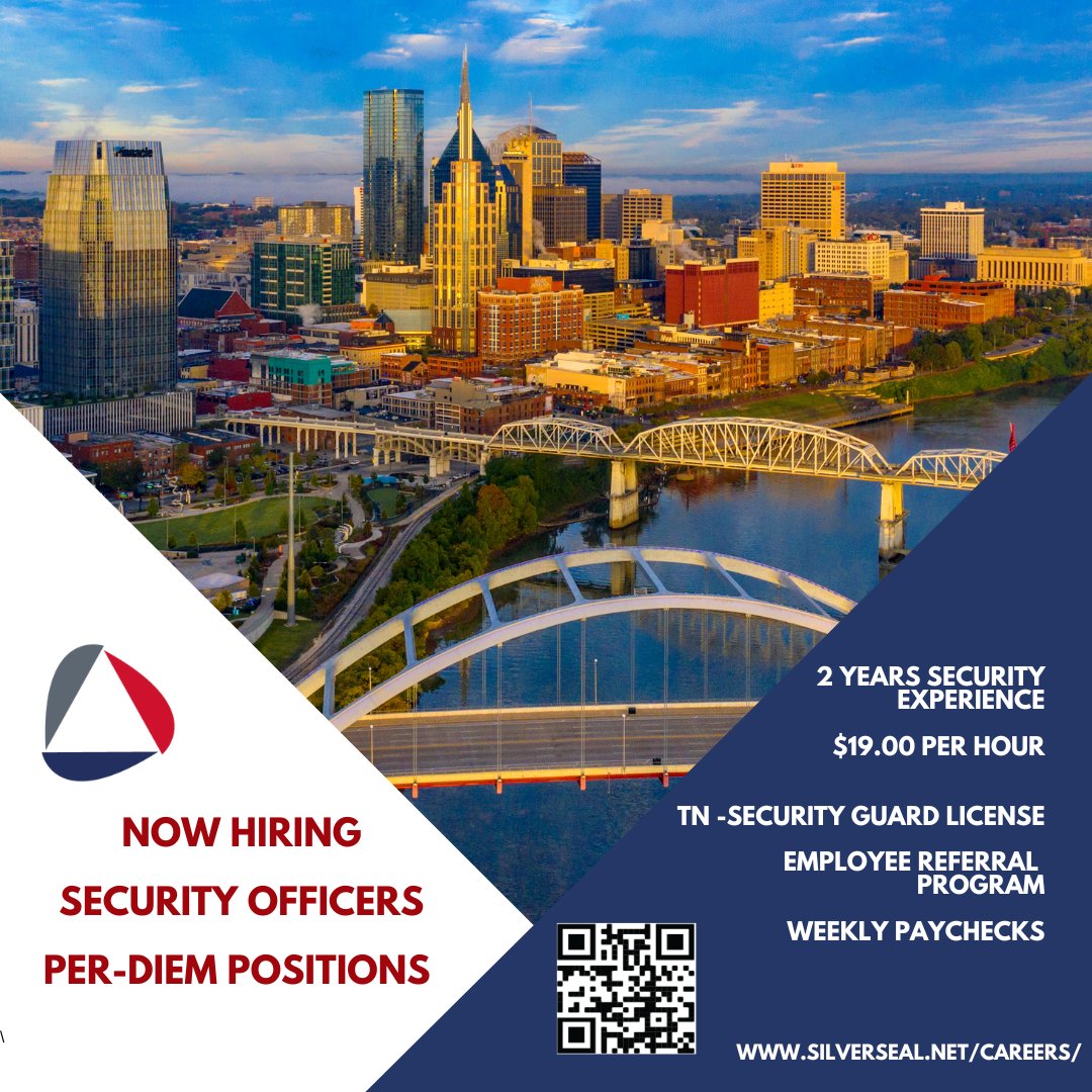 We are hiring #SecurityOfficers for our downtown #Nashville location. Join our team! Apply at careers.silverseal.net

#Silverseal #Hiring #Careers #SecurityCareers #SecurityGuards #Security #WeAreHiring #NashvilleJobs #SecurityJobs #JoinOurTeam #NowHiring #CorporateSecurity