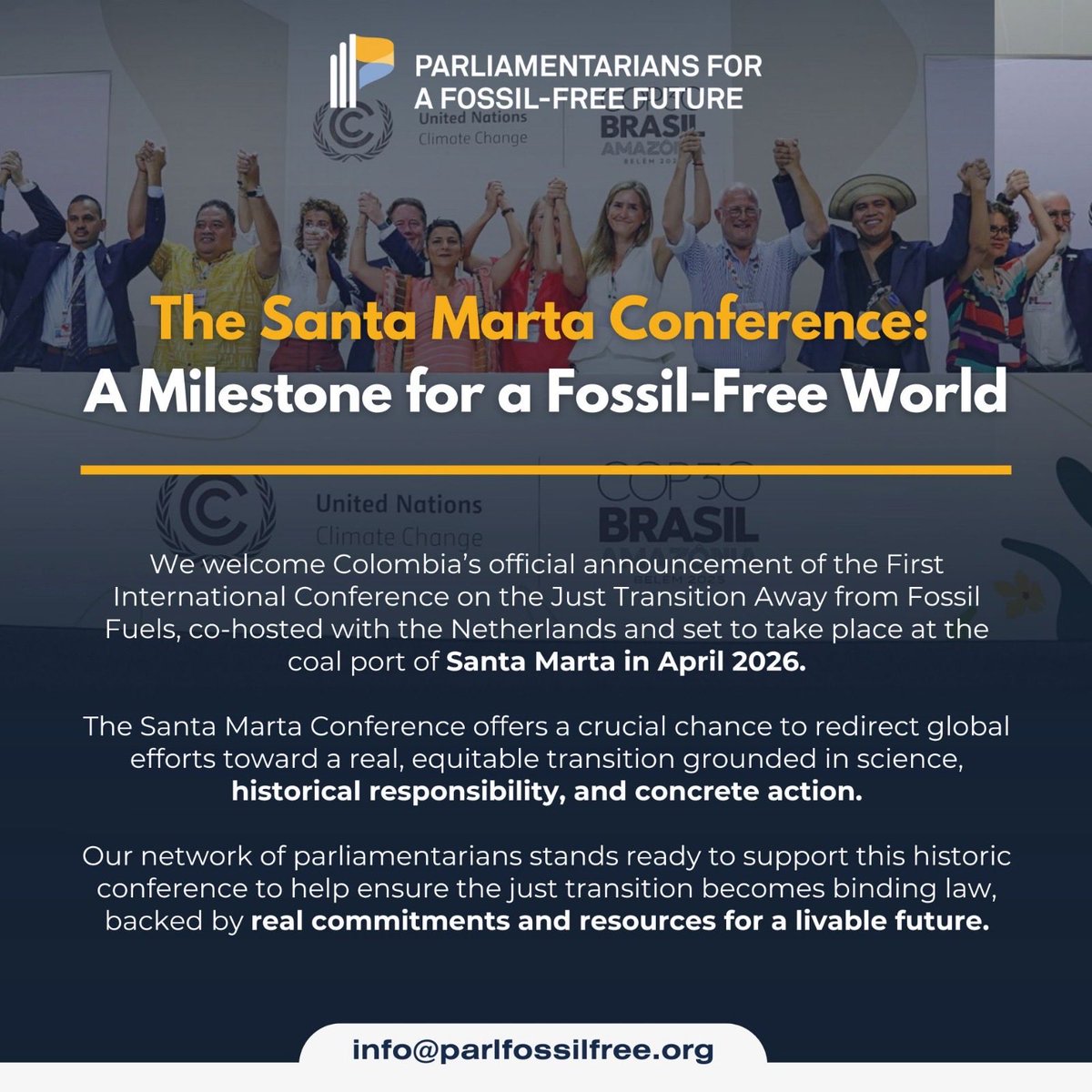 From coal port to milestone for a fossil-free world.

We welcome Colombia’s announcement during #COP30 of the First International Conference on the Just Transition Away from Fossil Fuels, co-hosted with the Netherlands in Santa Marta in April 2026. Our network of parliamentarians