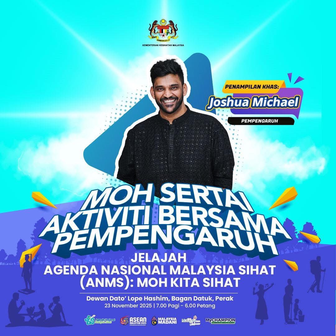 MyHEALTHKKM's tweet photo. Sertai Jelajah ANMS : Moh Kita Sihat
 dan sertai pelbagai aktiviti bersama Joshua Michael . 

📍 Dewan Dato'Lope Hashim, Bagan Datuk, Perak 
🗓️ 23 November 2025
⏰7.00 pagi - 6.00 petang

#ANMS #MalaysiaSihat https://t.co/PQISVHnO90