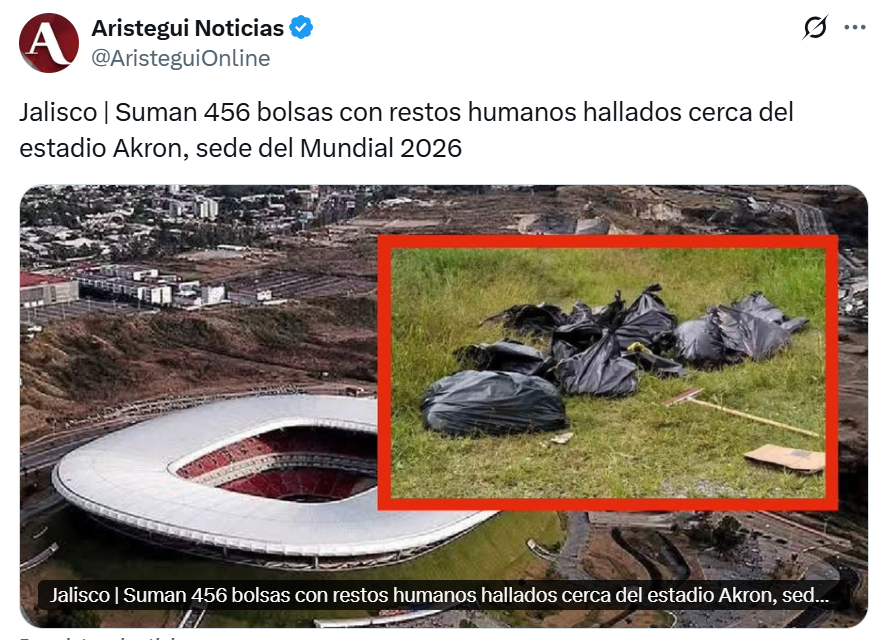 México es una gigante fosa común. 
456 bolsas con restos humanos encontradas cerca del estadio Akron, una de las sedes del Mundial. 
México NO merece recibir eventos deportivos internacionales. 
Una gigante fosa común debería estar de luto permanente