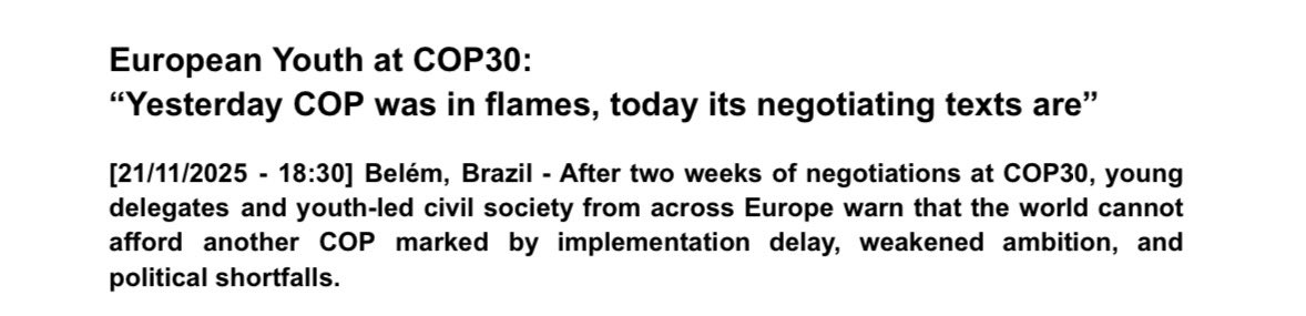 🚨📰 European Youth at COP30: “Yesterday COP was in flames, today its negotiating texts are”

Here onsite at #COP30, awaiting new developments. DM for full press statement.