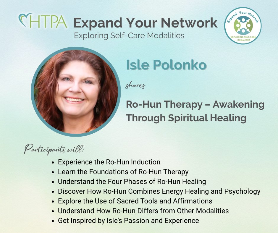 HTProgram's tweet image. Ready for soul-level transformation?

🌀 Explore Ro-Hun Therapy with Isle Polonko
✨ Emotional clearing
🧠 Energy meets psychology
💖 Sacred self-care

#HTPAEvents #RoHunTherapy #HealingTouch #SelfCareModalities #EnergyHealing