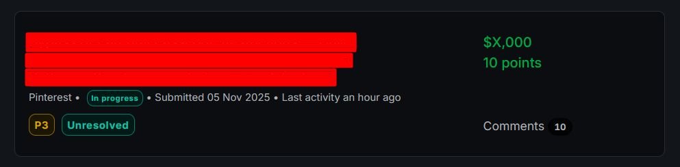 mohamedashraf_w's tweet image. Now Top 10 on Pinterest 🏆
Pinterest Hall of Fame: shorturl.at/IOKoe

Pinterest bug accepted 🏅
Bypassed a barrier on Web,
reported it clean — rewarded with $X,XXX 💵.

#Bugcrowd #HackerOne #Synack #YesWeHack #Intigriti #OpenBugBounty #Zerocopter #Hacktrophy
