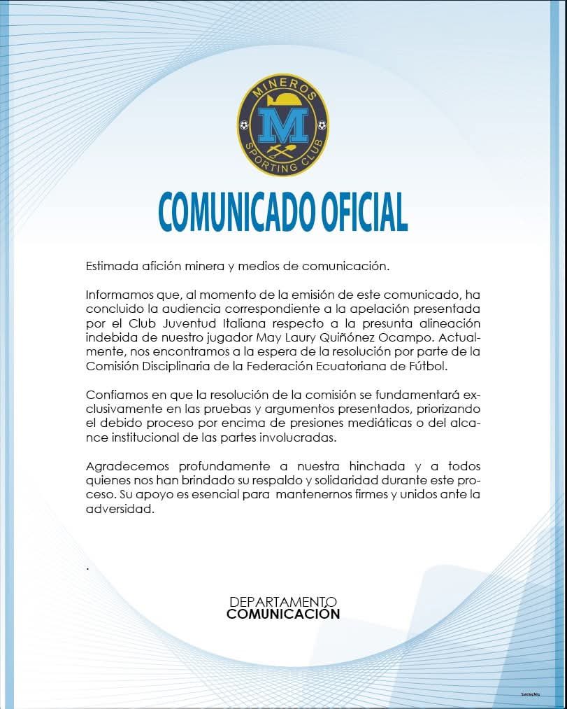 Rmoralesverduga's tweet image. Mineros y el comunicado oficial. Están a la espera de la Resolución. La audiencia ya finalizó. ✅✔️🇪🇨⚽️