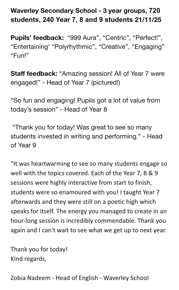 Waverley School 240 Year 7, 8 and 9 students (720 in total)

Pupils said:  “999 Aura”, “Centric”, “Perfect!”, “Entertaining’, “Creative”, “Engaging” “Fun!”

visit: stan.store/memorhyme 
Or Memorhyme.com 

#oracy #safeguarding #wellbeing #English #poetry #literacy