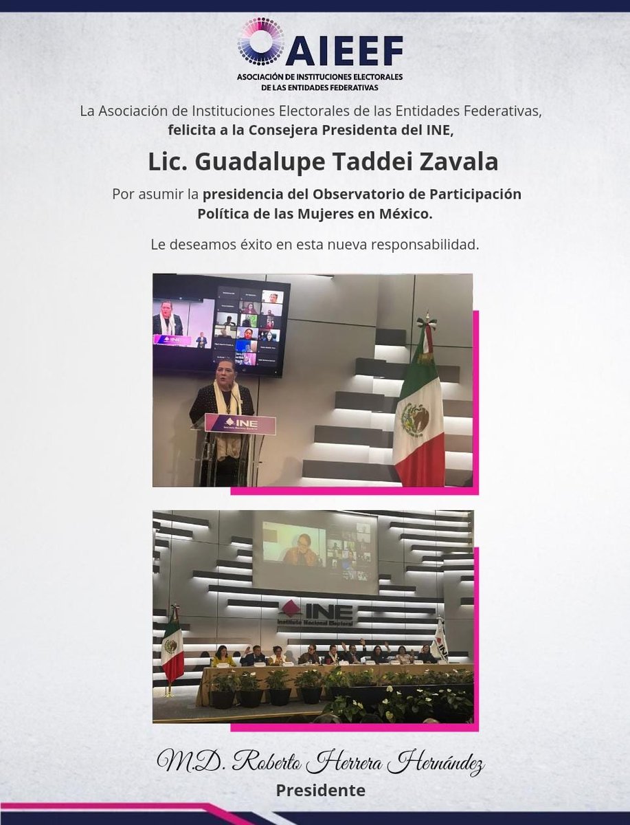 La <a href="/AIEEFMX/">AIEEF</a>  felicita a la Consejera Presidenta del <a href="/INEMexico/">@INEMexico</a>, Lic. Guadalupe Taddei Zavala, por asumir la presidencia del Observatorio de Participación Política de las Mujeres en México. 
Le deseamos éxito en esta nueva responsabilidad.