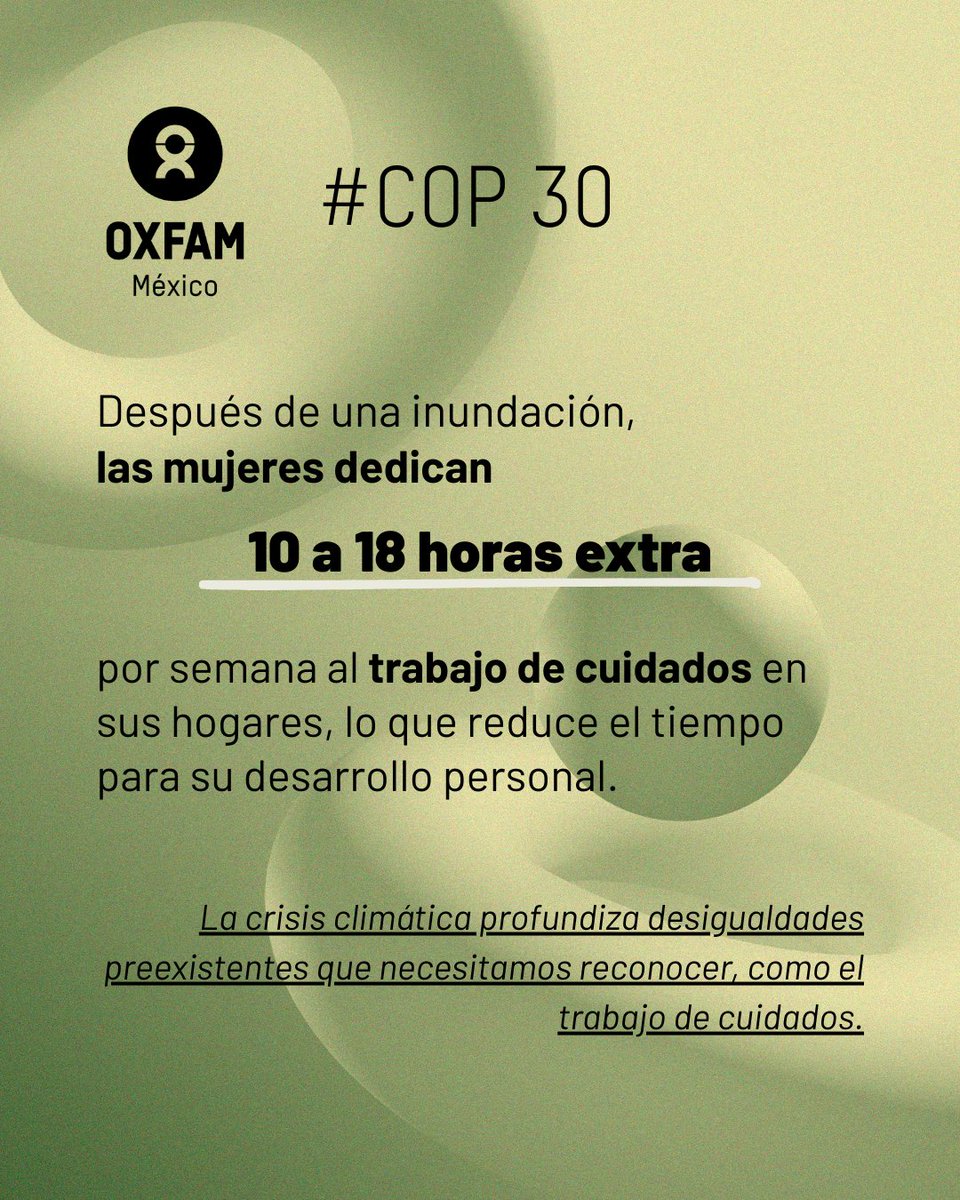 oxfammexico's tweet image. La #crisiclimática amplifica #desigualdades existentes.


Por eso, para hablar de adaptación y resiliencia, también debemos hablar de tiempo, de #cuidados y de quién carga con ellos. ⏳🌿

 #JusticiaClimática #CambioClimático #COP30