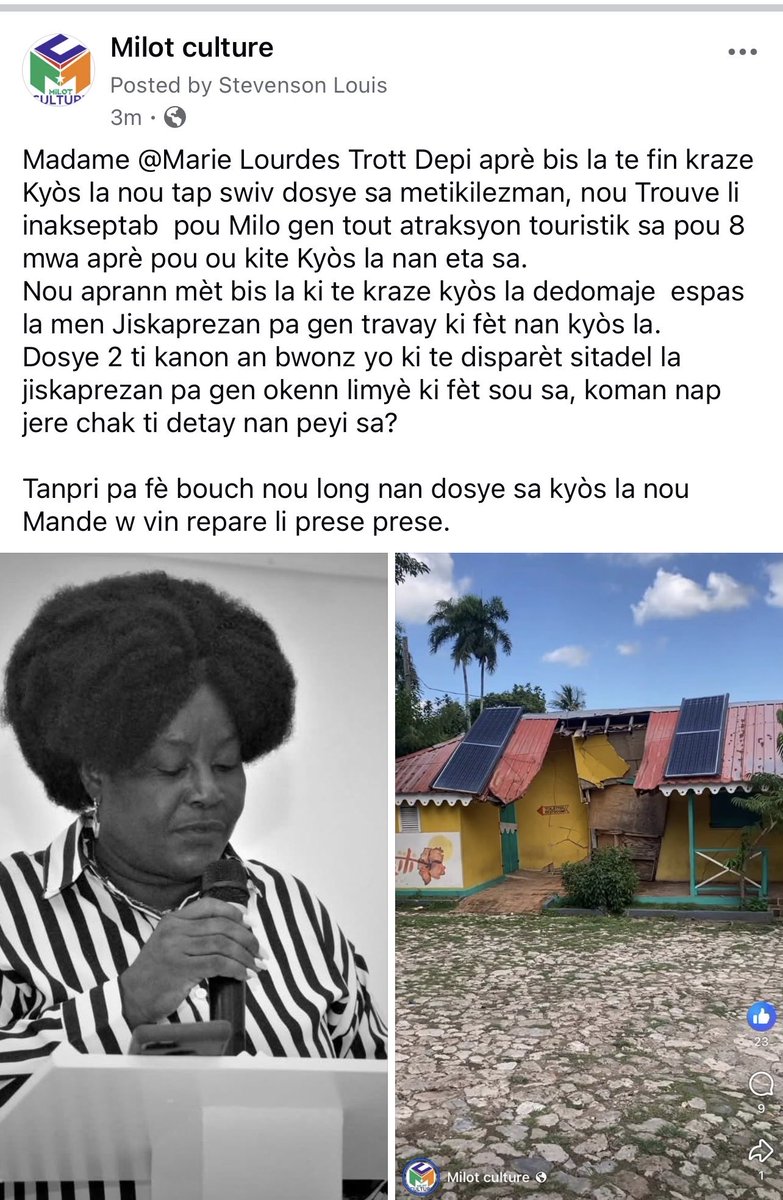 CultureMilot's tweet photo. @MarieLourdesTrott Depi aprè bis la te fin kraze Kyòs la nou tap swiv dosye sa metikilezman, nou Trouve li inakseptab  pou Milo gen tout atraksyon touristik sa pou 8 mwa aprè pou ou kite Kyòs la nan eta sa. Nou aprann mèt bis la ki te kraze kyòs la te dedomaje  espas la https://t.co/0qCMBYyKV2