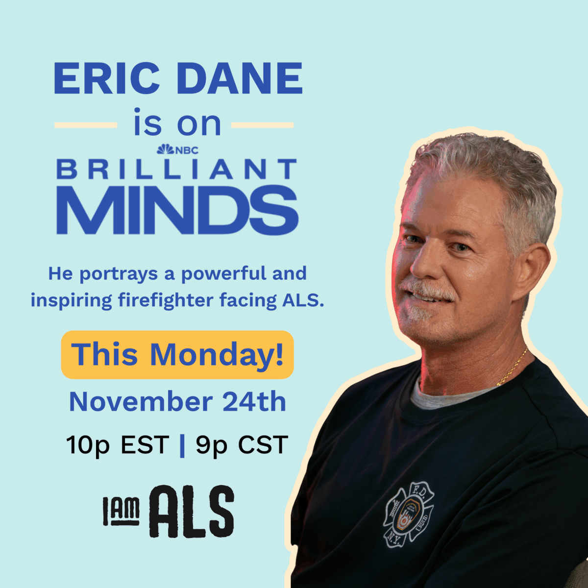 Emmazi's tweet image. @RealEricDane delivers a powerhouse performance in this week’s Brilliant Minds as a firefighter confronting #ALS with courage, heart, and authenticity. Tune in on @nbc and participate in the action as we shine a light on ALS and the hope driving the @iamalsorg  #PushForProgress!