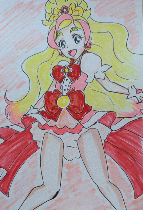 #プリキュア版深夜の真剣お絵描き60分一本勝負 時間外参加、お題「主役キュア」 キュアフローラ。 10周年番組楽しみ。
