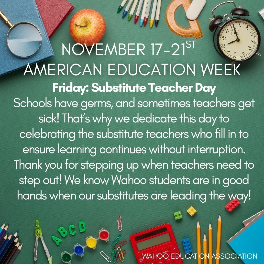 👏Our final shout out for the week goes to the substitute teachers who make it possible for our students to have a continuous learning experience. Thank you for showing up and supporting our students when you step in for one of our teachers.
#WahooWarriors #ExcellenceEverywhere