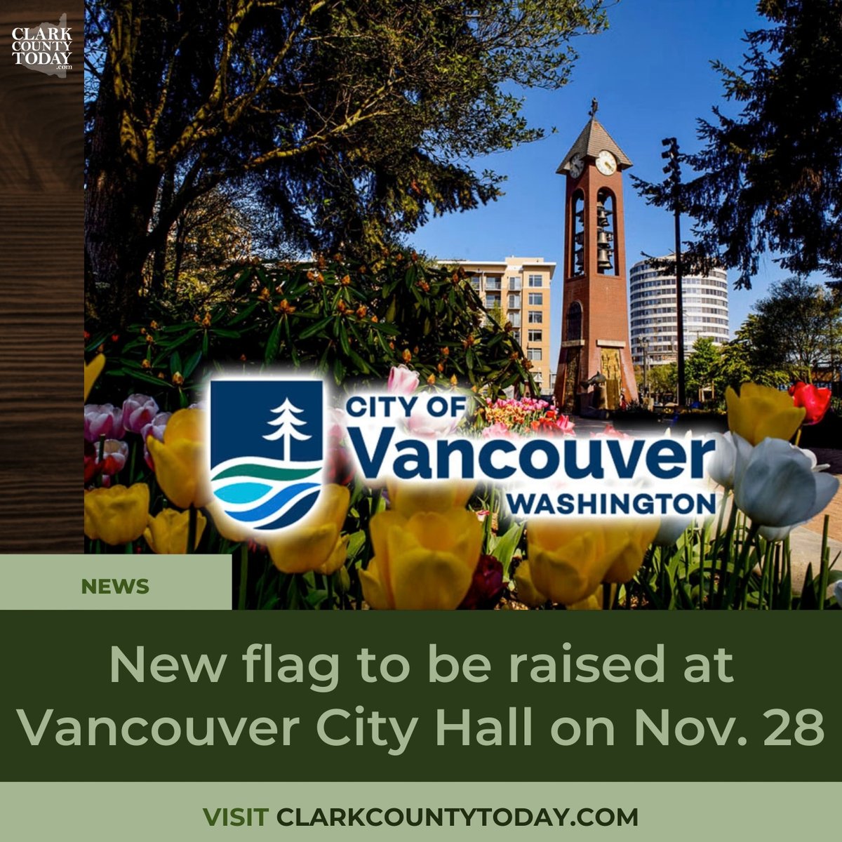 NewsFromCCT's tweet image. Vancouver will raise its new City flag on Nov. 28, with a program featuring designer recognitions and the return of the Salmon Run Bell Tower glockenspiel before the Rotary tree lighting. clarkcountytoday.com/news/new-flag-… #Vancouver #CityHall #CommunityEvent