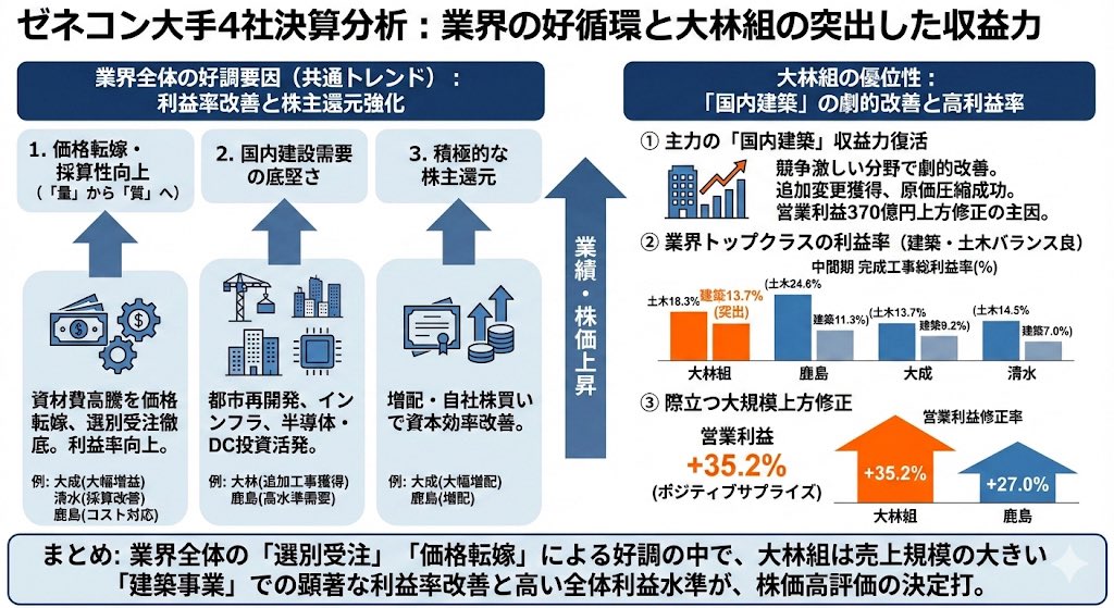 alxgji12345's tweet photo. ゼネコン4社の決算pdf読み込ませて、「比較してなんで大林組が特に好調なの？」って聞いて出てきた回答を、「1枚の資料にして」と指示して出た画像 https://t.co/NQqj7boLKC